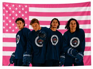 Pink American Flag Hockey Team Tapestry, Briar University Hawks Wall Hanging, College Hockey Players Poster, Sports Room Decor, Dorm Wall Art Gift for Hockey Fans, Pink USA Flag Banner