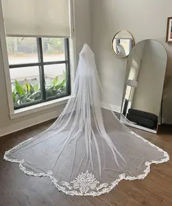 Elegant Cathedral Length Sheer Tulle Wedding Veil Scalloped Intricate Lace Trim with Comb