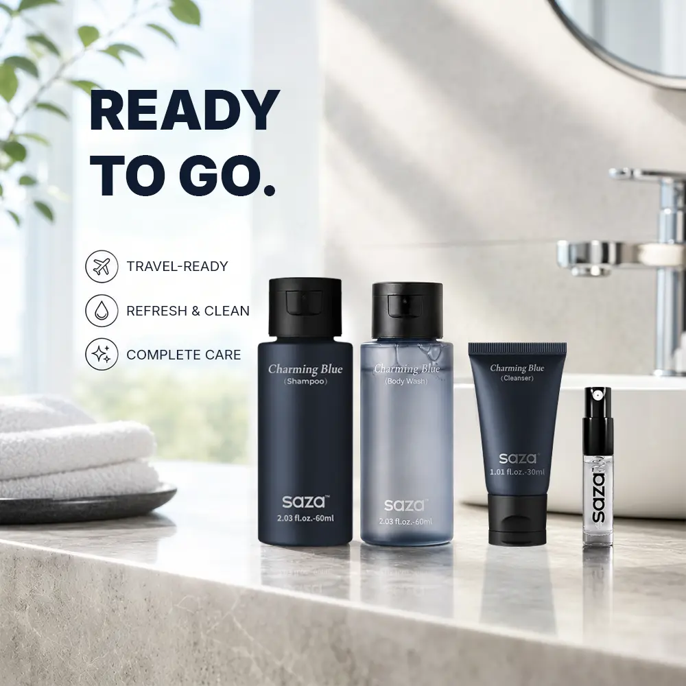 saza Charming Blue TSA Approved Travel Toiletries Kit | TikTok Viral Men's 4-Piece Grooming Set, Portable Shampoo, Body Wash, Face Wash & Cologne Spray Bundle (2.03+2.03+1.01 fl.oz)