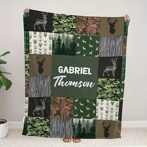 280GSM 1PC Custom Name Deer & Forest Plush Blanket - Personalized Soft Flannel Throw For Boys And Girls, All-Season Cozy Gift