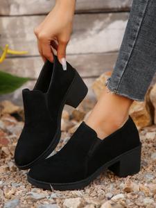 women's solid color thick heeled boots, black heeled boots, 2025 new style fashionable round toe high heels for daily wear, comfortable women's shoes for daily wear, footwear, walking shoes