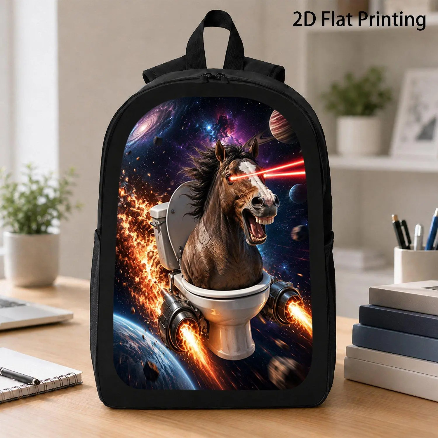 17 Inch Trendy Outer Space Animal Meme Backpack with Roaring Laser Eyes Horse Space Jet Toilet Graphic Stylish School Backpack Bag