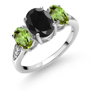 Gem Stone King 10K White Gold Black Sapphire Green Peridot and White Lab Grown Diamond 3 Stone Engagement Ring For Women (2.70 Cttw, Gemstone Birthstone)