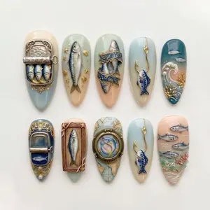 Fishing Theme Press On Nails | 3D Fish Ocean Nail Set | Nautical Coastal Style | Handmade Sea Life Nail Design