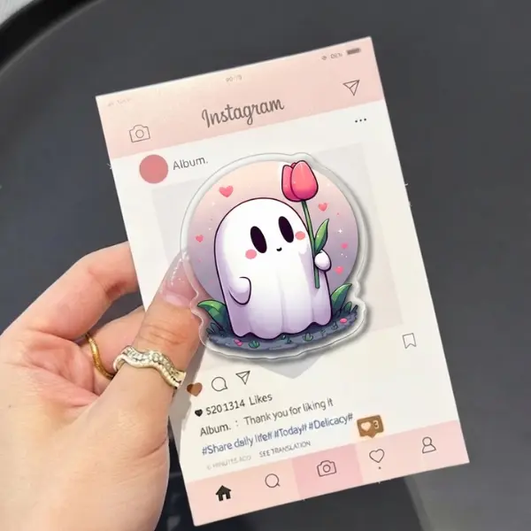 Pretty Little Ghost Phone Grip, Cute Ghost Holding Tulip Flower MagSafe PopSocket, Kawaii Pastel Pink Ghost Phone Socket, Cute Gift for Her