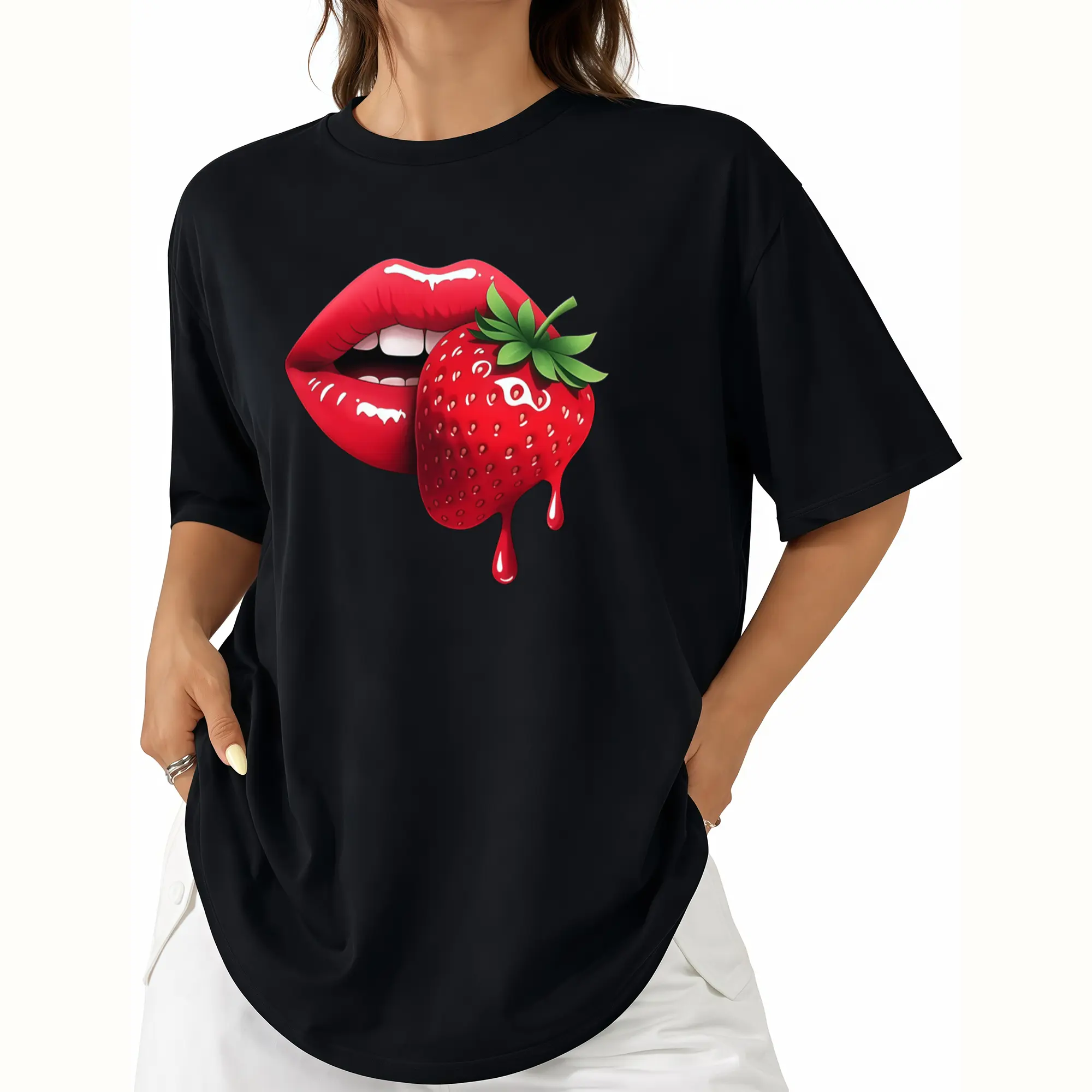 Womens Strawberry Lip Print TShirt Casual Short Sleeve Round Neck Top Ideal for Daily Wear Spring Summer Outfits Machine Washable Gift for Sisters Wives and Uniforms Apparel Check