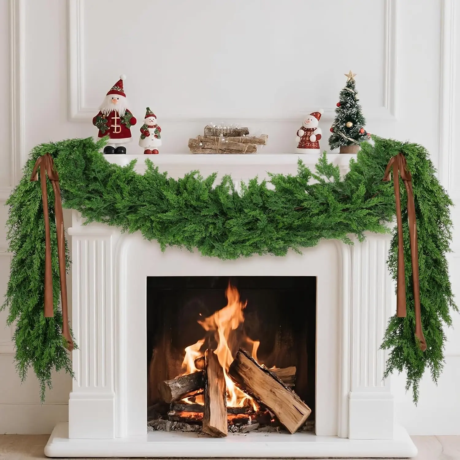 6 FT 2 Pcs Artificial Cedar Garlands, Real Touch Winter Cedar Garland, Green Artificial Greenery Pine Garland for Table, Mantle, Wall, Indoor, Outdoor Christmas Decorations (2, 6 FT)