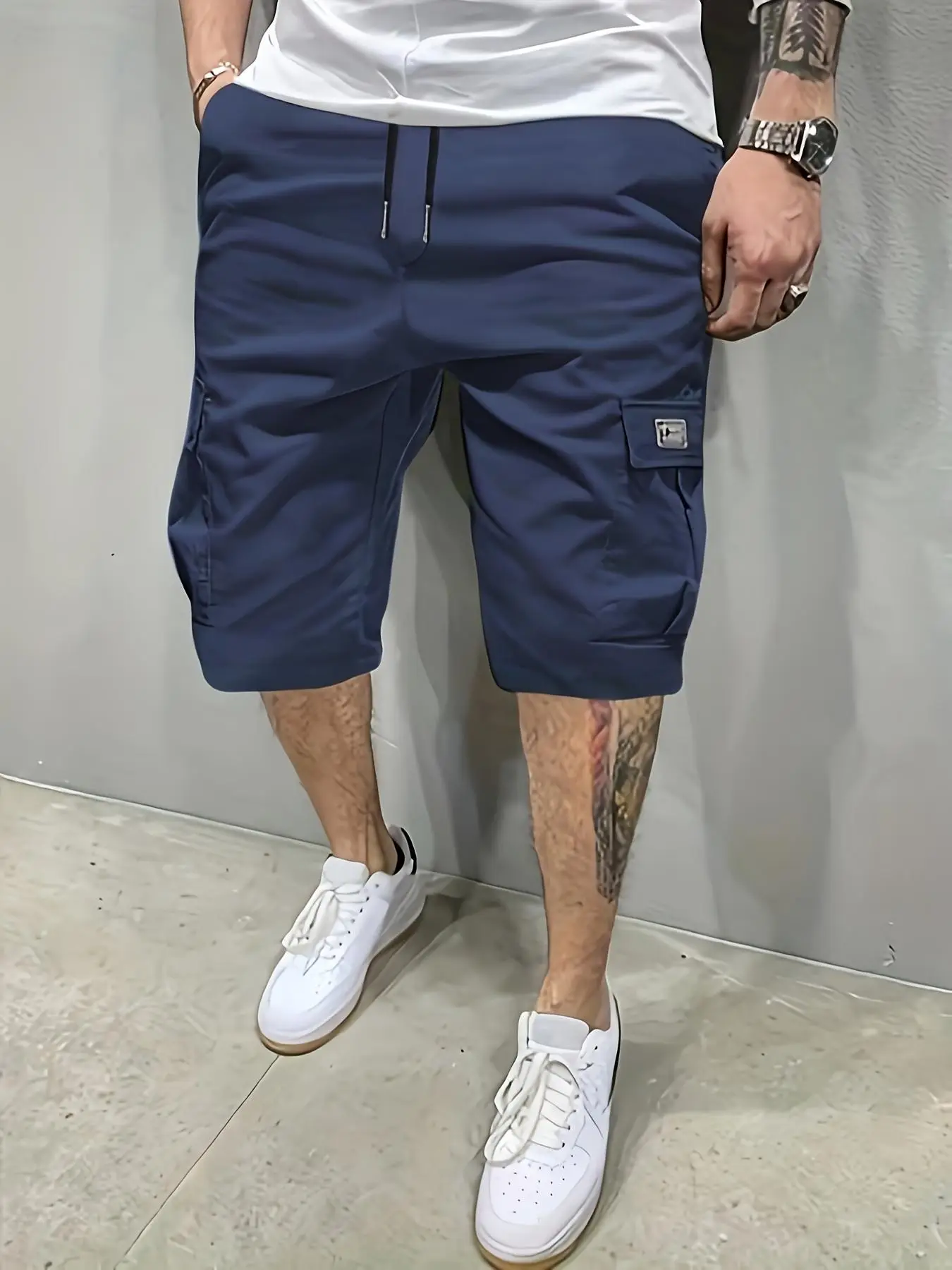 Men's Solid Pocket Cargo Shorts, Regular Fit Casual Comfy Breathable Shorts for Summer, Men's Bottoms for Daily Wear, Menswear, Drawstring Cargo Short