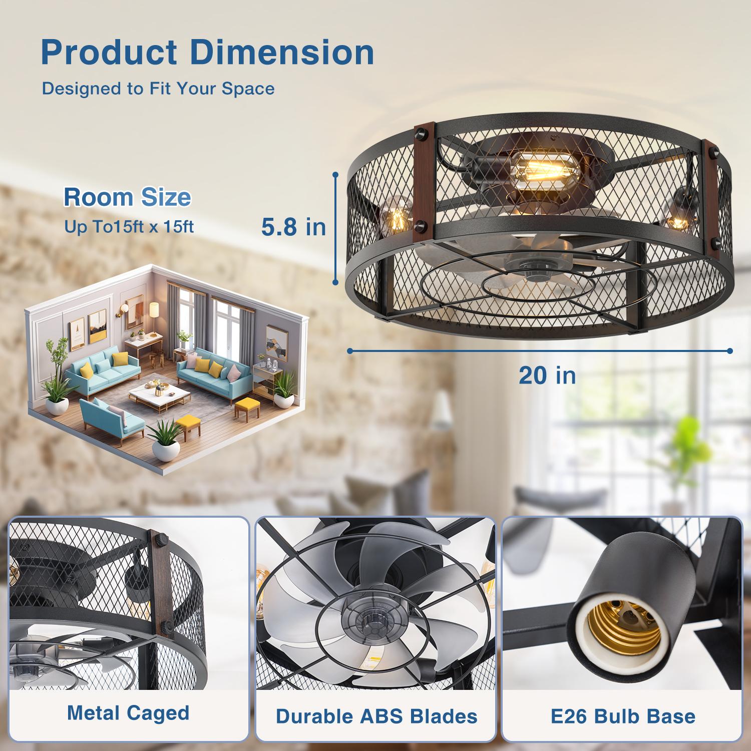 20" Farmhouse Flush Mount Ceiling Fans with Lights and Remote, Industrial Black Caged Low Profile Fandelier, 6 Speeds Bladeless Ceiling Fan for Bedroom, Kitchen, Living Room