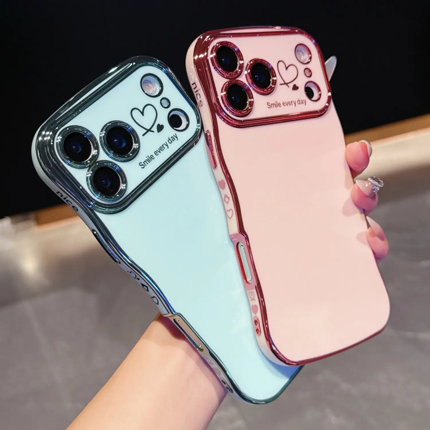 for iPhone 17 Pro Max 16 15 14 13 12 Case for Women Girls, Cute Wave Frame Curly Shape with Love Heart Pattern Raised Camera Protection Cover Luxury Plating Shockproof Phone Case