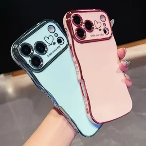 for iPhone 17 Pro Max 16 15 14 13 12 Case for Women Girls, Cute Wave Frame Curly Shape with Love Heart Pattern Raised Camera Protection Cover Luxury Plating Shockproof Phone Case
