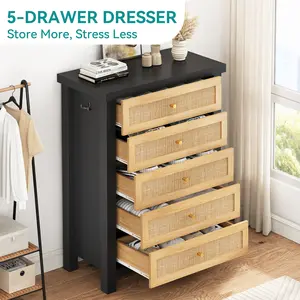 Jocoevol Wicker five-drawer cabinet, black and wood color.