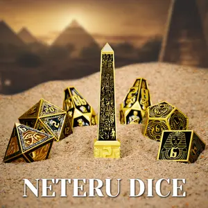 Neteru Dice Egyptian Theme Zinc Alloy Metal Dice Set Complete 7 RPG Dice with Obelisk D4 & Cage D8 for D&D Tabletop Role Playing Games Collector's Gift