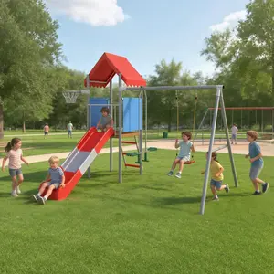 Kids Outdoor Playset with Metal Swing, Slide & Treehouse Platform, Backyard Playground Equipment with Basketball Hoop, Heavy-Duty Outdoor Swing Set for Children