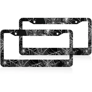 Spooky Halloween Spiderweb License Plate Frames 2 Packs Aluminum Car Tag Cover Holder 12.2x6.3 Inch Auto Parts Decoration with Screws Vehicle