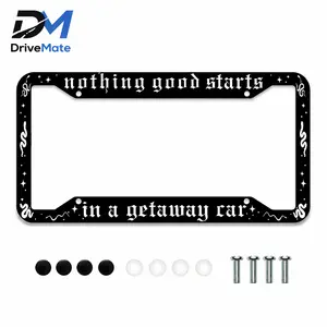 DriveMate "Nothing Good Starts in a Getaway Car" License Plate Frame, Stainless Steel License Plate Holder with Screws, 12x6 Inch Fit Standard US Canada Plates, Car Accessories