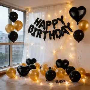 53Pcs Black And Gold Birthday Party Decor Set | PET Happy Birthday Balloon Banner & Latex Balloons | Quick Shipping Party Home Decor Kit for Theme Party & Reveal Supplies,party  home  decor