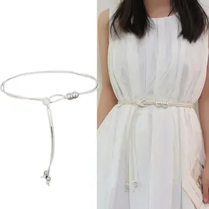 New Chinese Style Waist Rope Thin Belt for Women Ethnic Style Leather Rope Beaded Dress Long Rope Knotted Waist Chain Jewelry