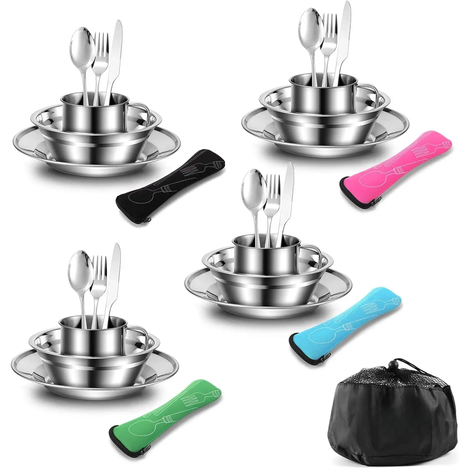 Stainless Steel Camping Mess Kit for 4, 29pcs Compact Dinnerware Set with Plates, Bowls, and Cups, BPA Free and Dishwasher Safe for Picnics and Beach Days, Outdoors, Practical, Hiking, Durable, Easy To Clean, Outdoor Meals, Portable Pack, Lightweight