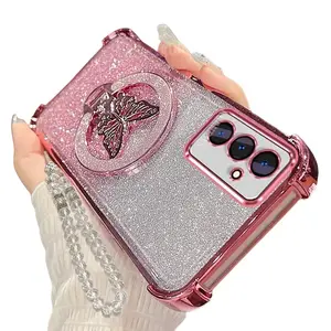 Plating Shockproof Silicone Stand Cover with 16-26-36-56 Butterfly Holder Lanyard, Quantum Shield EMF Protection Stickers for Samsung Galaxy A05s A16 A26 A36 A56 5G