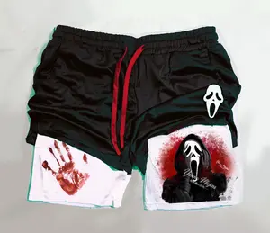 Men’s Ghostface Inspired Horror Gym Shorts – Scary Slasher Graphic Athletic Shorts with Breathable Fabric, Elastic Waist Drawstring Summer Workout Streetwear