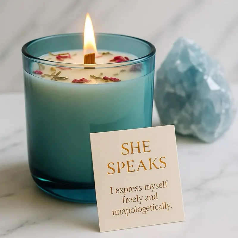 She Speaks – Reiki-Infused Throat Chakra Intention Candle - 11 oz | Wooden Wick | Crystals & Herbs