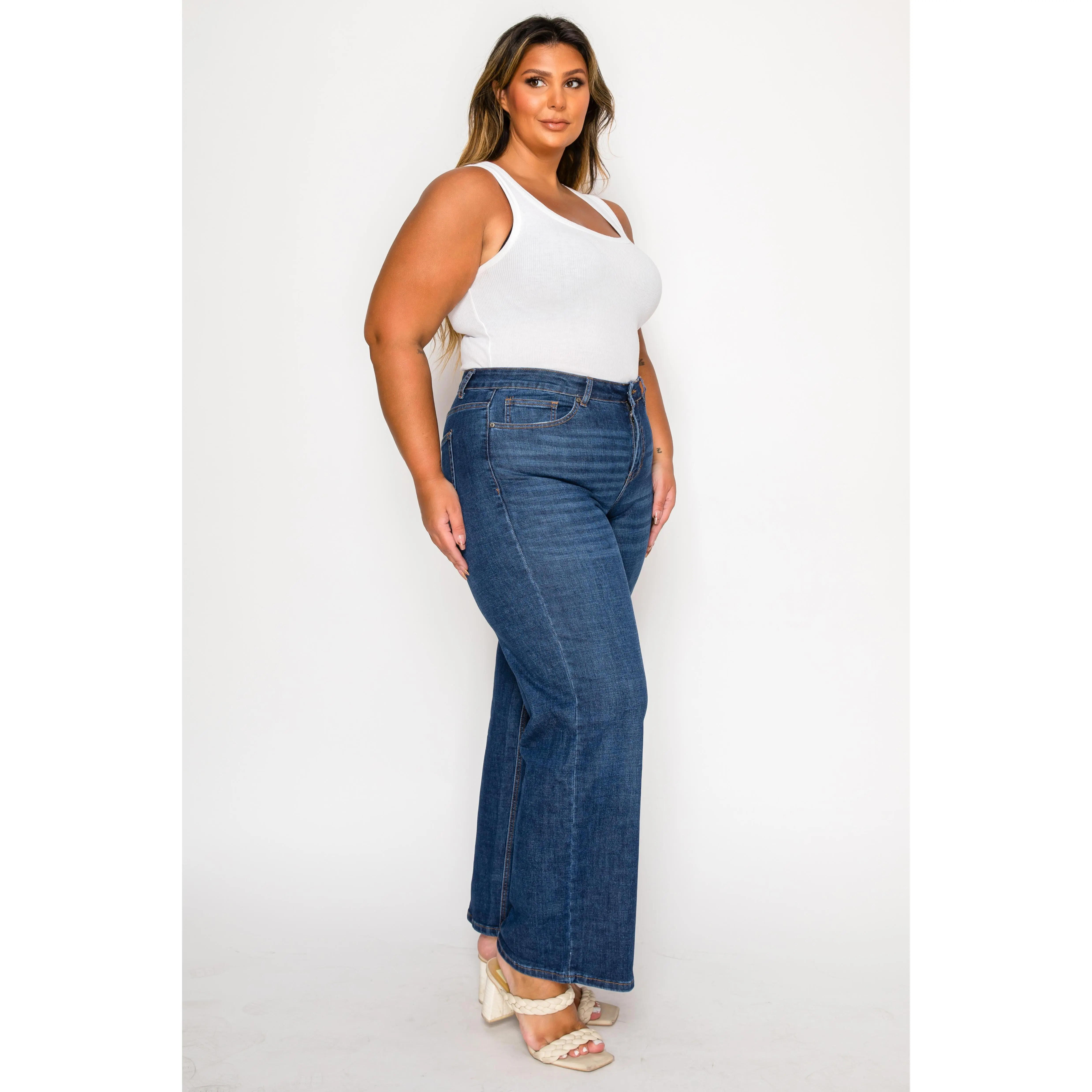Stxxno Plus Size Dark Blue Wide Leg Trousers High Waist Comfortable Daily Wear Elastic Waist Casual Loose Fit