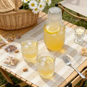 Vintage Bedside Water Jug Glass Cup Set, 2pcs Reusable Decorative Glasses Drinkware for Bedroom, Bathroom, Nightstand, Elegant Home Decor Gift