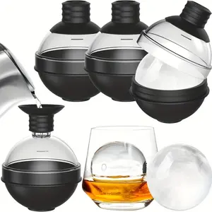 Silicone and Polycarbonate Ice Hockey Mold Making Set for Whisky, Cocktails and Beverages - 4-piece set with 2-in-1 funnel cover - Large 2.4-inch spherical ice mould Ice Ball Molds