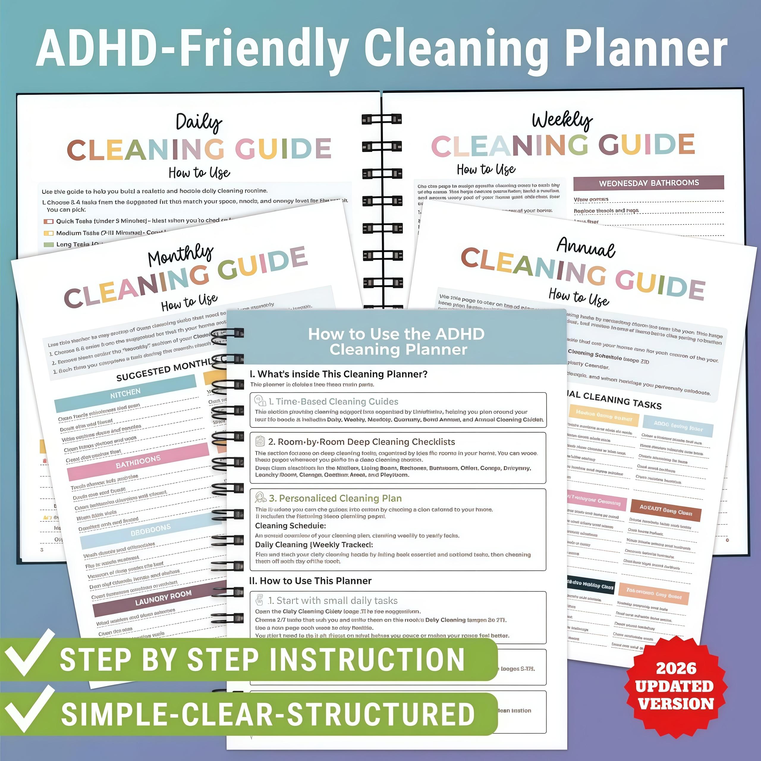 ADHD Cleaning Planner - Cleaning Schedule and Checklist Organizer for Adults and Teens - Daily, Weekly & Monthly Household Cleaning Checklist for ADHD Minds - Stress-Free Housework ADHD Cleaning Planner - Cleaning Schedule and Checklist Organizer for Adults and Teens - Daily, Weekly & Monthly Household Cleaning Checklist for ADHD Minds - Stress-Free Housework
