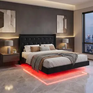 Garvee Upholstered Platform Bed Frame with LED Lights, Wingback Headboard, Storage Shelves, Sturdy Steel Frame, Silent Slats, No Box Spring Needed, Noise Free, Easy Assembly - Full & Queen Sizes