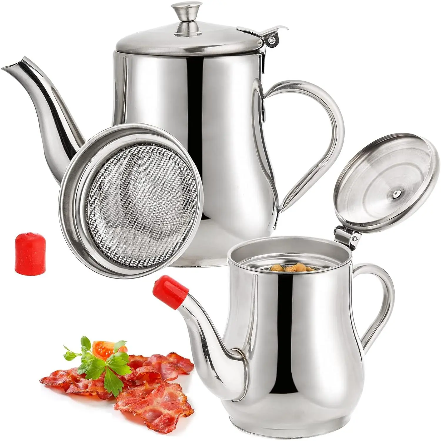 2 Pack Bacon  Container with Mesh Strainer, 27oz 22oz Stainless Steel Oil Storage Pot for Storing Frying Oil and Cooking