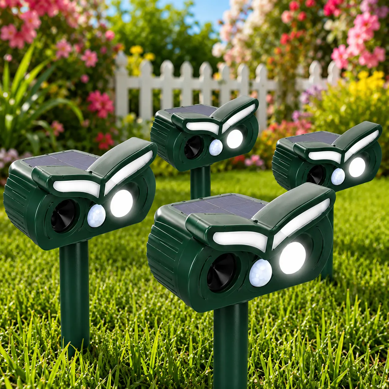 Solar Animal Repellent 4 Pack – Humane Ultrasonic Motion Sensor Repeller with LED Flash Light, Waterproof Outdoor Pest Control for Deer, Rabbits, Squirrels, Cats & Raccoons control device rodent