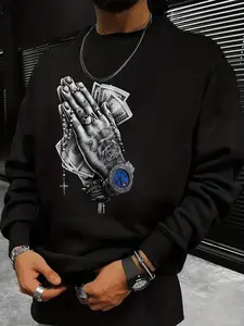 Unisex's Hand & Money Print Round Neck Pajama Sweatshirt, Loose Casual Long Sleeve Crew Neck Pullover for Spring & Fall, Fashion Unisex's Sleepwear for Daily Wear, Tops