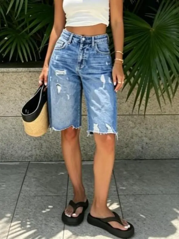 Women's Ripped Mid-Rise Denim Bermuda Shorts - Frayed Raw Hem, Stretch, Womenswear Bottom