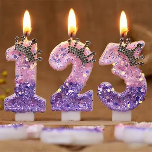 1pc Sparkling 3D digital birthday candles with glittering purple sequins and a rhinestone crown - party decorations, Cake Decorations and ornaments for birthdays, anniversaries, and celebrations, Cake Toppers Happy Birthday