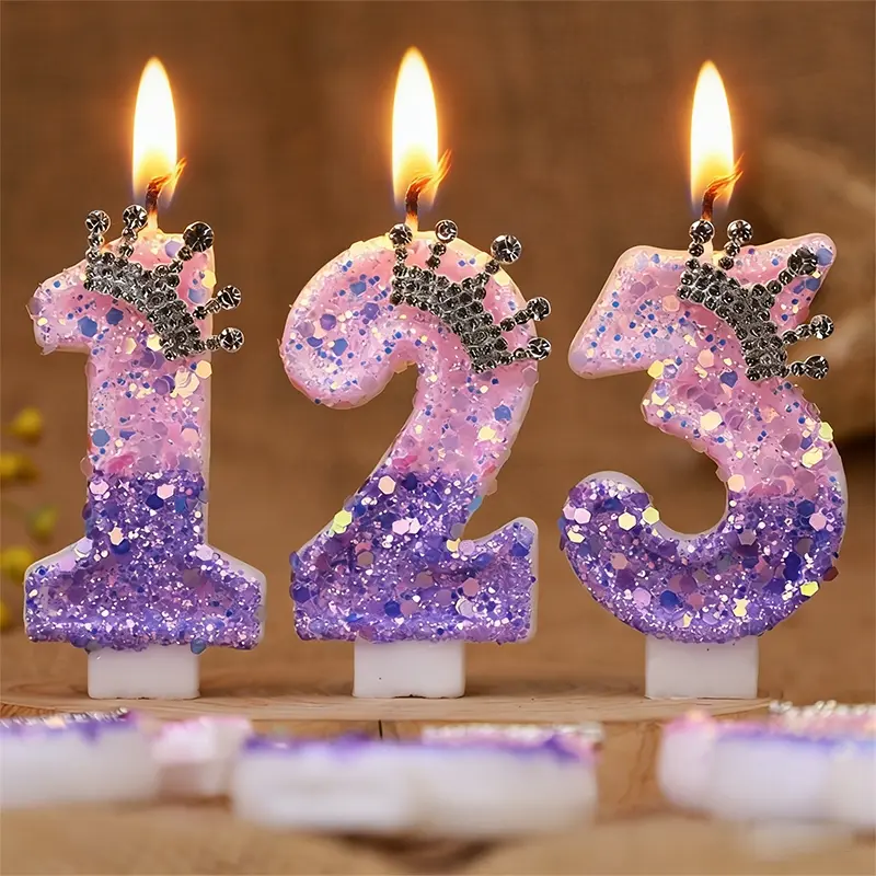 1pc Sparkling 3D digital birthday candles with glittering purple sequins and a rhinestone crown - party decorations, Cake Decorations and ornaments for birthdays, anniversaries, and celebrations, Cake Toppers Happy Birthday