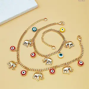 18K Gold Plated Copper Evil Eye Bracelet with Cute Baby Elephant Pendant. Adjustable length for comfortable fit. Stylish boho trend design, exquisite craft and elegant look. Versatile fashion jewelry for daily wear, dating and casual matching.