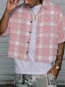 1 Piece Men's Casual Button Down Short Sleeve Shirt Pink White Checkered Frayed Fabric Cropped Fit for Summer Street Vacation Daily Wear