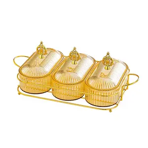 Set of 3 Clear Serving Bowls with Lid and Gold Basket Tray, Removable Nut Serving Platter Snack Box for Chips, Charcuterie, Fruits, Candy and Condiments, Multipurpose Food Organizer