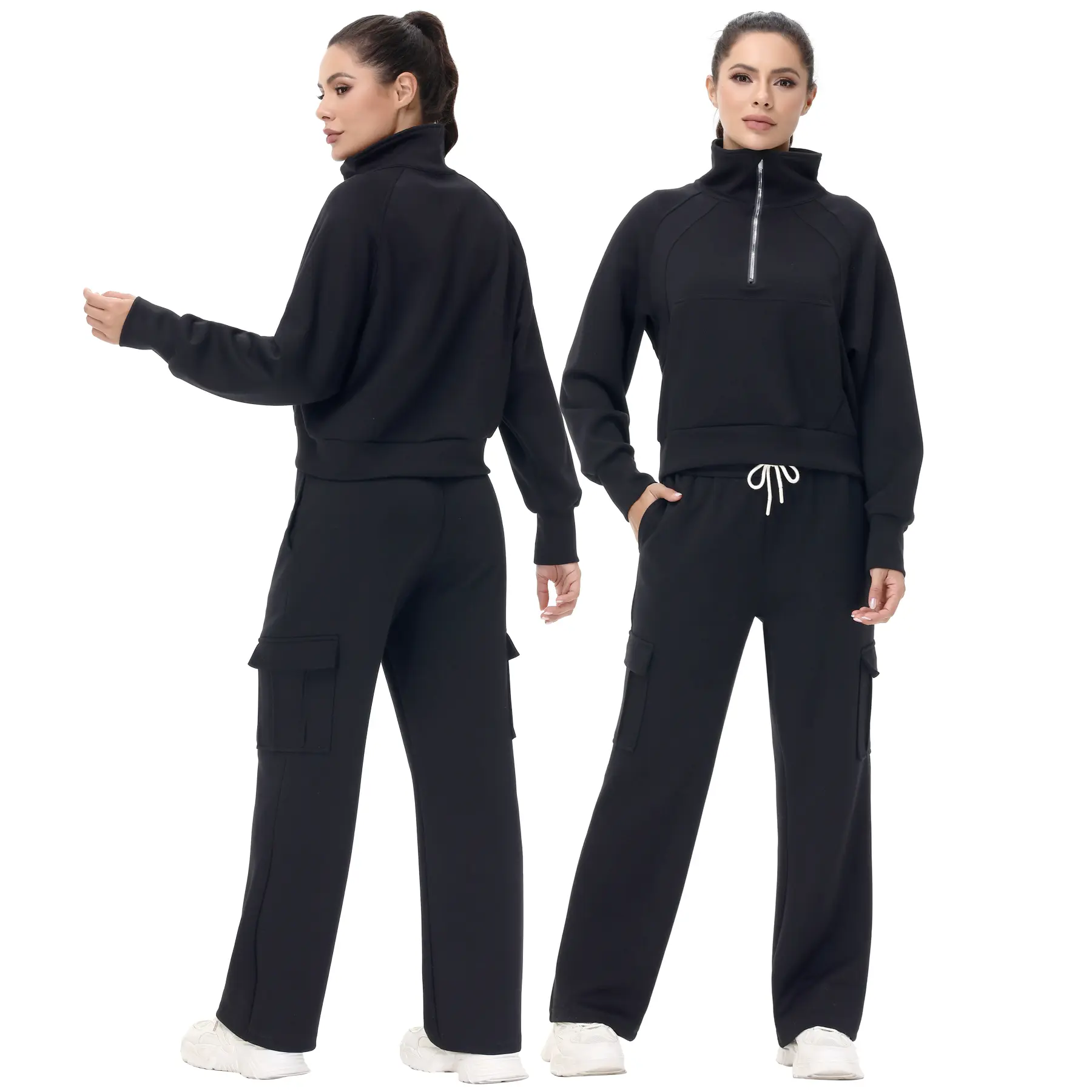 Women's 2 Piece  Sports Lounge Set, Oversized Half Zip Up Sweatshirt and Wide Leg Cargo Sweatpants, Cozy Loungewear Set for Women Fall Winter