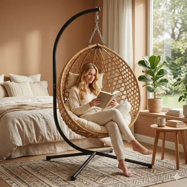 Bellemave Folding PE Rattan Hanging Egg Chair with Aluminum-Steel Frame Stand - Polyester Fiber, Cotton, Fabric, Metal Indoor-Outdoor Patio Swing for Patio, Balcony,home decor,camping essentials