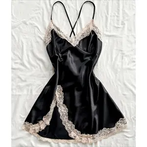 Women'S Sexy V-Neck Slip Nightgown, 100% Polyester, All-Season Lace Trim Sleeveless Sleep Dress, Solid Color, Woven Fabric, 90 gsm - Perfect Valentine'S Day Gift