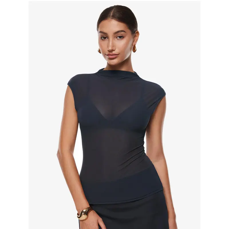 Cosnufy Sheer Mesh Mock Neck Tank Top