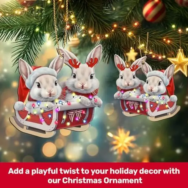 2 Side Printed Cute Rabbit Wooden Christmas Ornaments 2024, Keepsake for Women, Men and Friends, Bunny Christmas Tree Ornaments, Christmas Tree Hanging Decorations