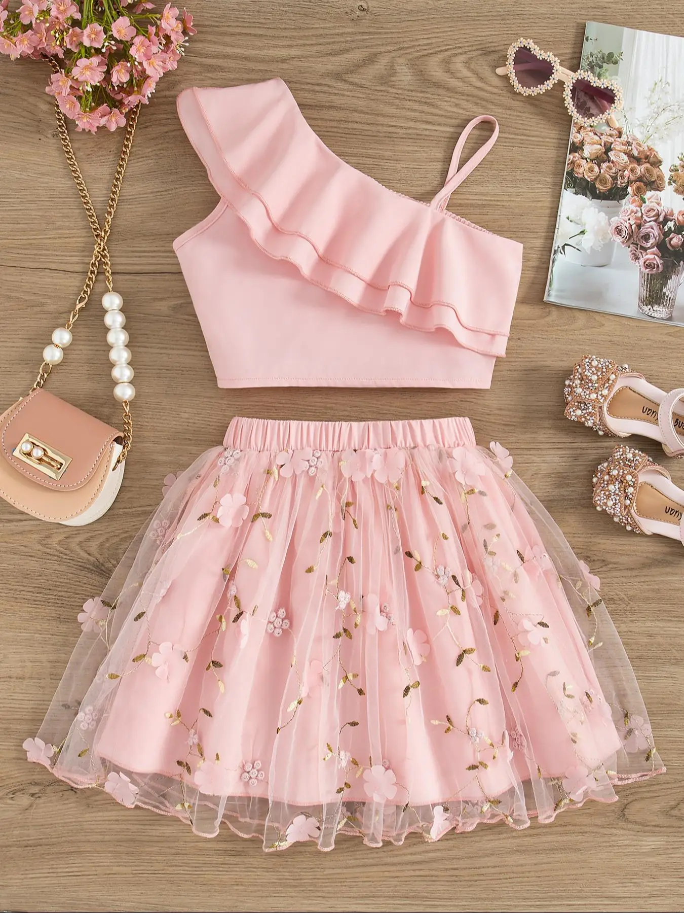 Girl's Solid Tank Top & Floral Print Mesh Skirt Two-piece Set, Casual Fashion Cozy Two Piece Outfits for Daily Outdoor Wear, Kids Clothes for Summer