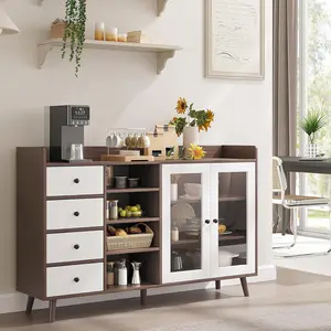 Gaomon 55 in Walnut Wood Buffet Cabinet - 2 Glass Doors, Adjustable Shelves for Living Room, Dining Room Use
