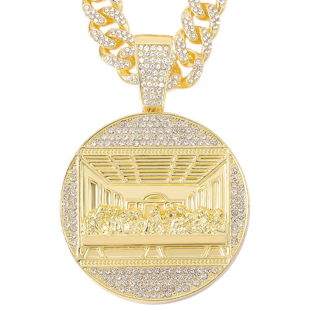 Iced Out Style Last Supper Geometric Pendant Necklace with 13mm Shiny Miami Cuban Link Chain, Chunky Cubanchain Necklace, Creative Hip Hop Jewelry for Men, Gift Option, Chunky Necklace