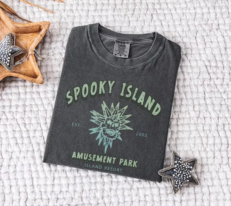 Comfort Colors Vintage Look Spooky Island Shirt, Funny Summerween Tee, Retro Halloween Cartoon Shirt 2000's Movies, Womenswear