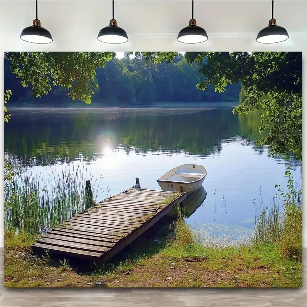 1pc Durable Rustic River Pier Landscape Backdrop - Soft Polyester Fabric, Multiple Sizes (39.3X59 Inch / 100Cmx150cm,70.8X90.6 Inch / 180Cmx230cm), Green Meadow, Boat & River Scene - Wedding Event Decor Banner, Outdoor